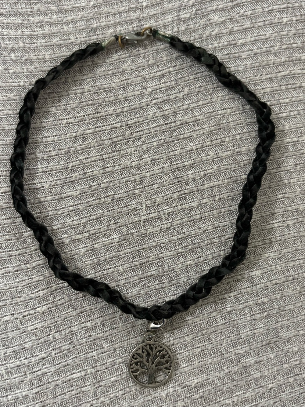 Vintage black braided choker necklace w silver tone round tree of life pendant